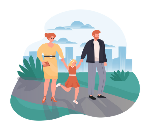 Happy Family Walk Around The City Park Illustration