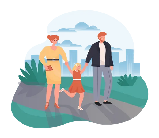 Happy Family Walk Around The City Park  Illustration