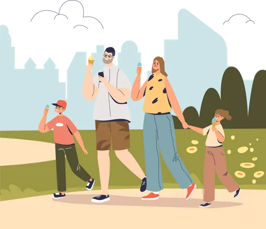 Happy family walking in park eating ice cream Illustration