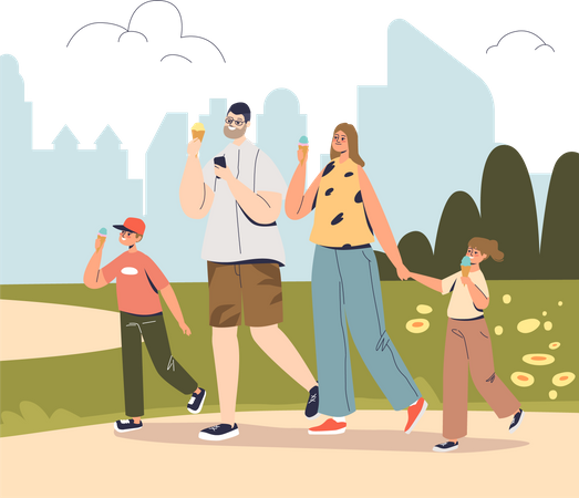 Happy family walking in park eating ice cream  Illustration