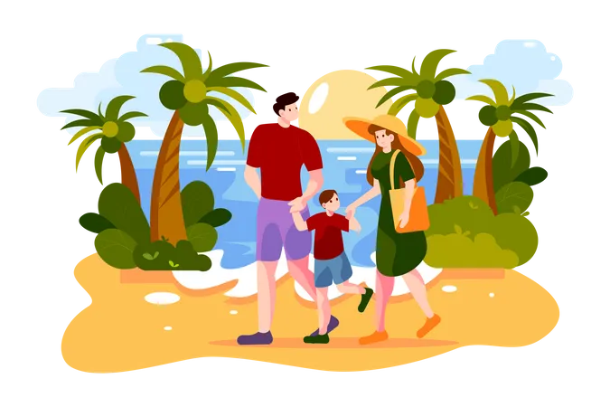 Happy family walking on the ocean beach  Illustration