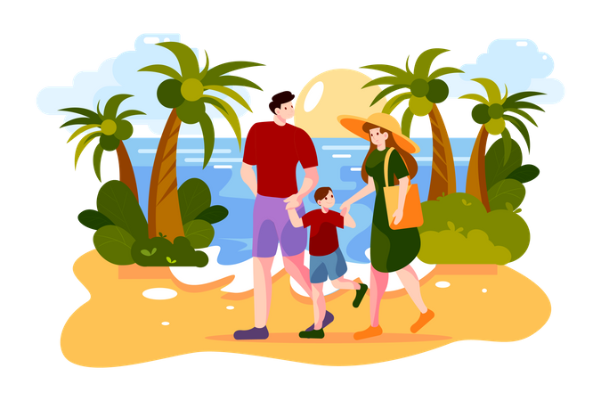 Happy family walking on the ocean beach  Illustration