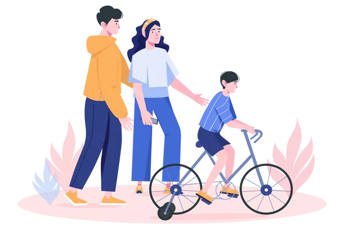 Happy family walks outdoors and teaches child to ride bicycle Illustration