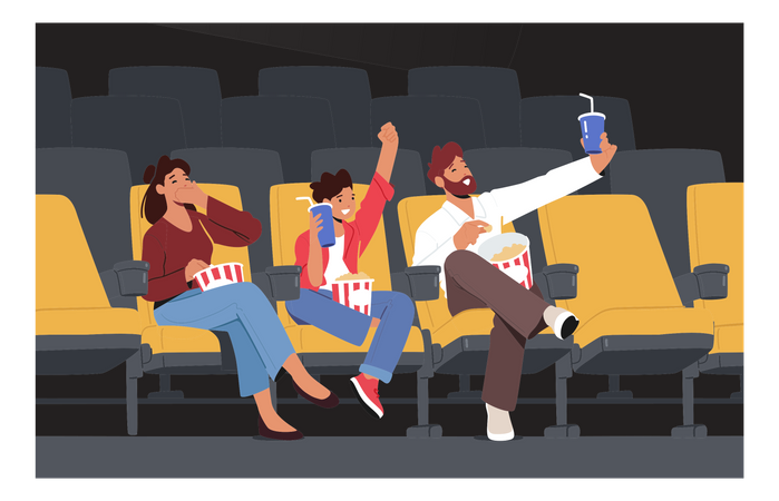 Happy Family Watching Movie At Cinema Illustration