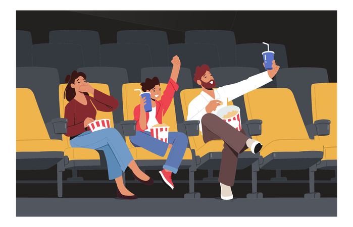 Happy Family Watching Movie At Cinema  Illustration