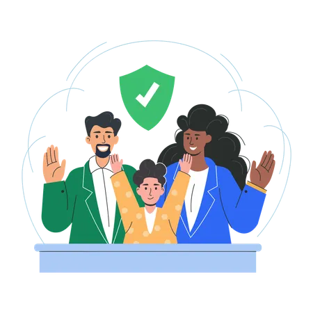 Happy family waving hands for satisfied insurance  Illustration