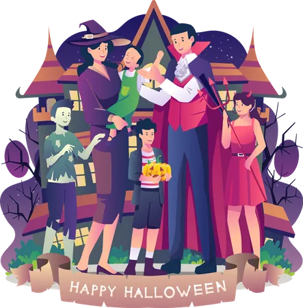 Happy Family wearing costumes celebrating Halloween night together  Illustration