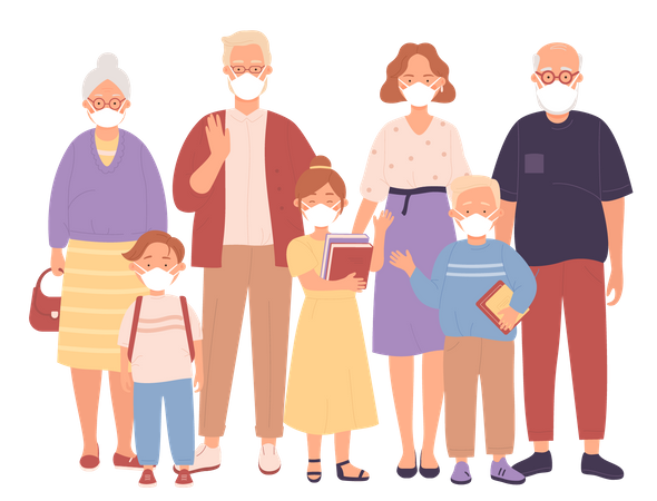 Happy family wearing mask and standing together  Illustration