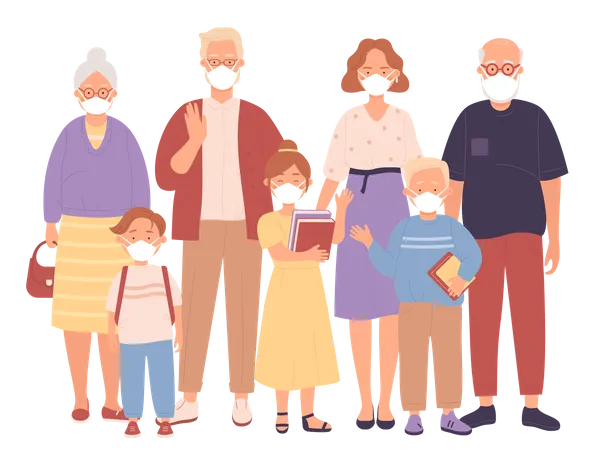 Happy family wearing mask and standing together  Illustration