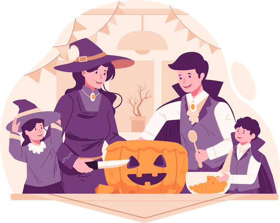Happy Family with Carving Pumpkin Together at Home for Halloween Preparation  Illustration