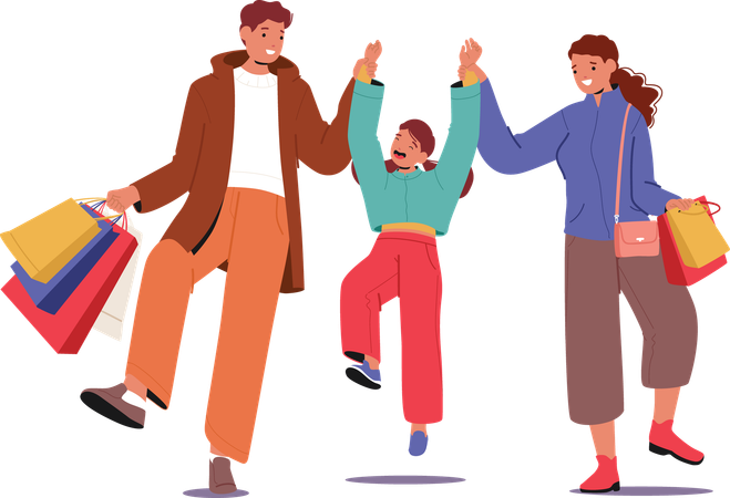 Happy family with cheerful boy son child after shopping having fun  Illustration