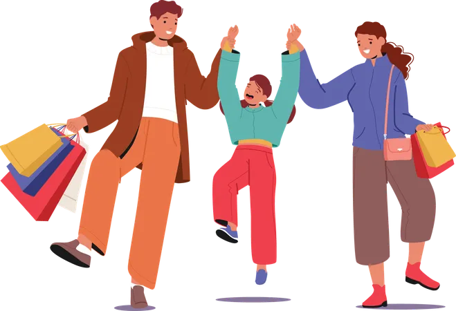 Happy family with cheerful boy son child after shopping having fun  Illustration