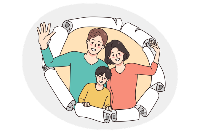 Happy family with child peep through paper hole  Illustration
