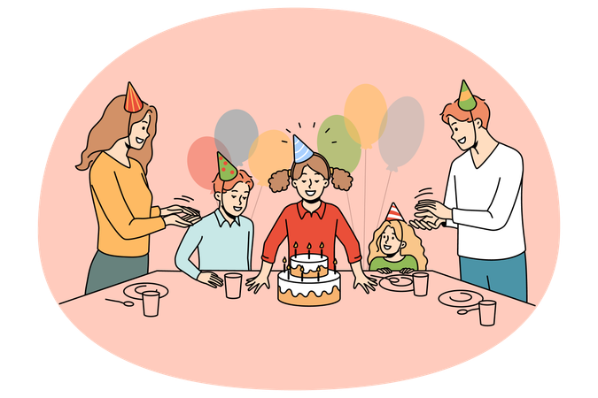 Happy family with children celebrate birthday blowing candles on cake  Illustration