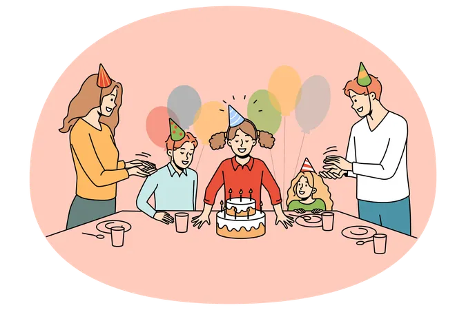 Happy family with children celebrate birthday blowing candles on cake  Illustration