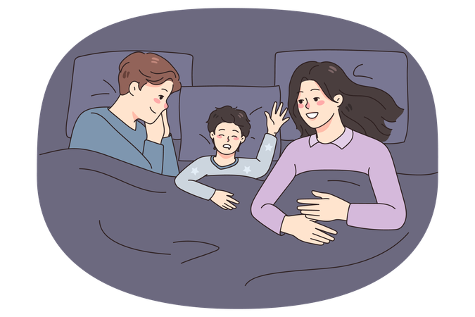 Happy family with kid sleeping in bed  Illustration