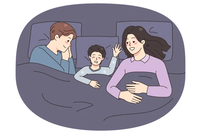 Happy family with kid sleeping in bed  Illustration
