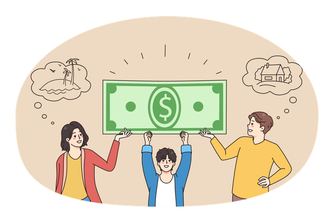 Happy family with kids holding dollar banknote  Illustration