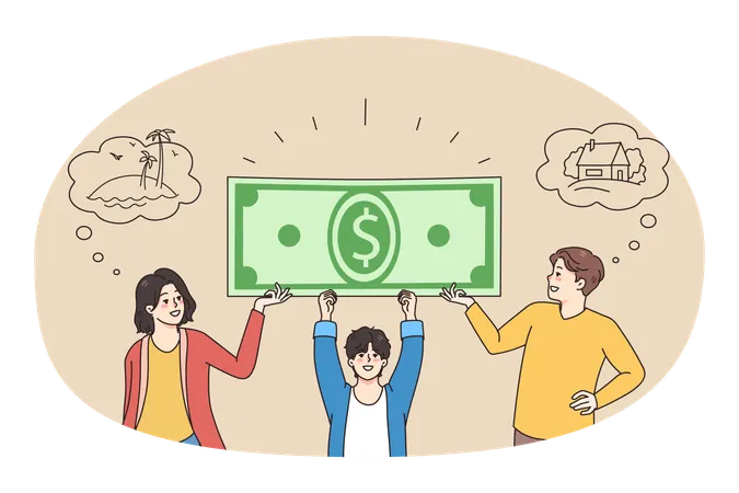 Happy family with kids holding dollar banknote  Illustration