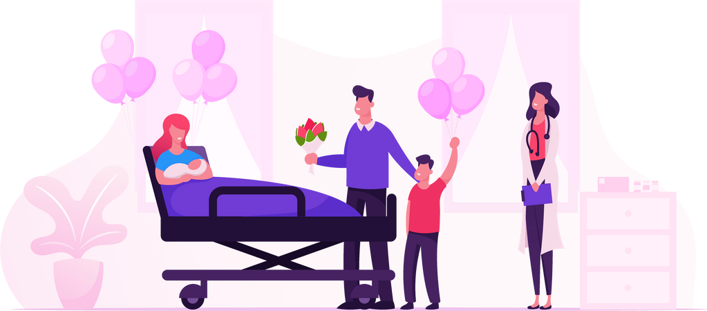 Happy Family with Newborn Baby in Chamber of Maternity Hospital  Illustration