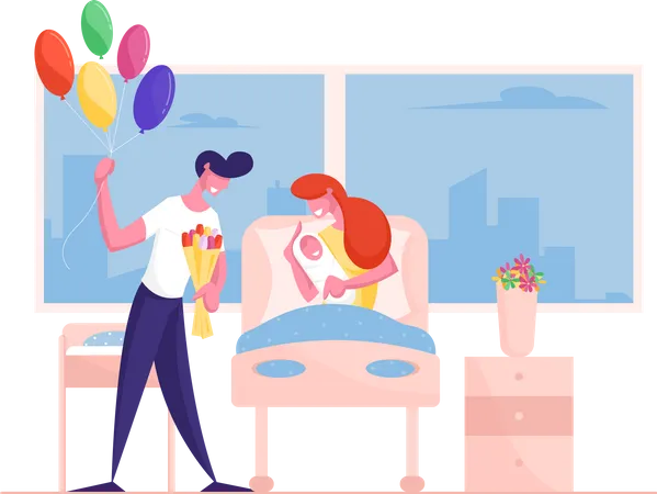 Happy Family With Newborn Baby In Chamber Of Maternity Hospital Delivery Childbirth Clinic Room With Mother Bed New Born Child Mother And Father With Balloons Cartoon Flat Vector Illustration Illustration