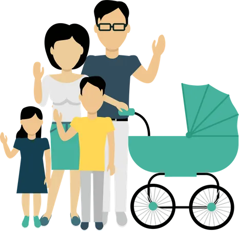 Happy Family Concept Banner Design Flat Style Young Family Man And A Woman With A Son And Daughter And A Stroller For A Newborn Mother And Father With Child Happiness Lifestyle Vector Illustration Illustration