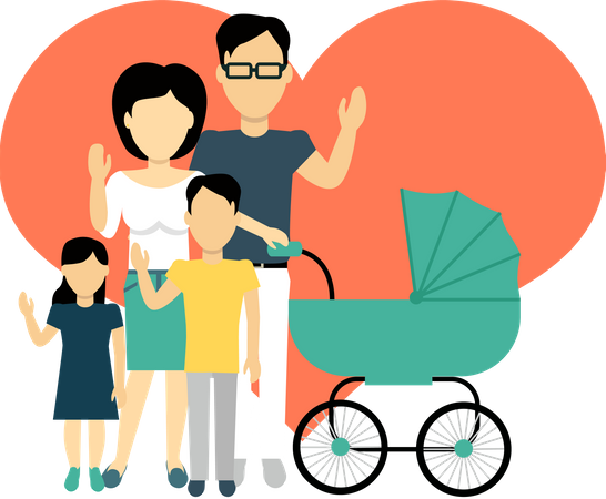 Happy Family With Stroller  Illustration