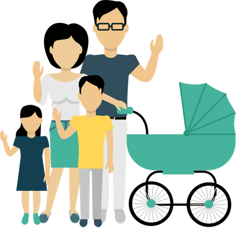 Happy Family With Stroller  Illustration