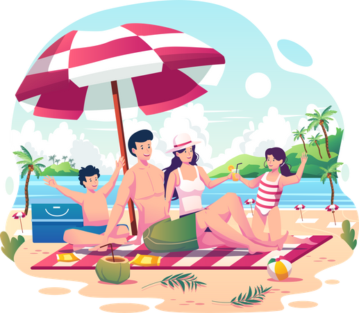 Happy family with two kids relaxing and enjoying summer on the beach  Illustration