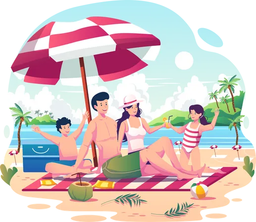 Happy family with two kids relaxing and enjoying summer on the beach  Illustration