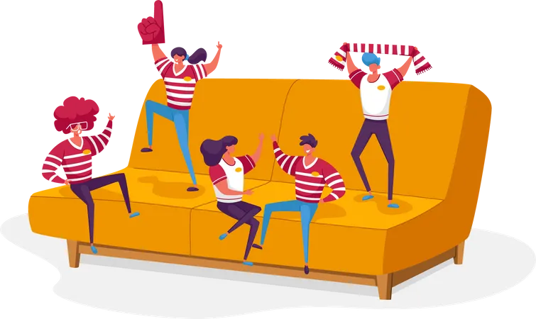 Group Of Happy Fans Cheering For Their Team Victory And Success Tiny Male Female Characters With Funny Attribution And Uniform Sitting And Jumping On Huge Couch Cartoon People Vector Illustration Illustration