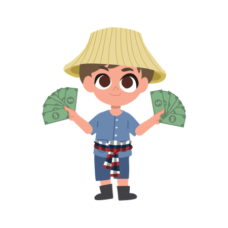 Happy Farmer Holding Cash Fan With Both Hands  Illustration