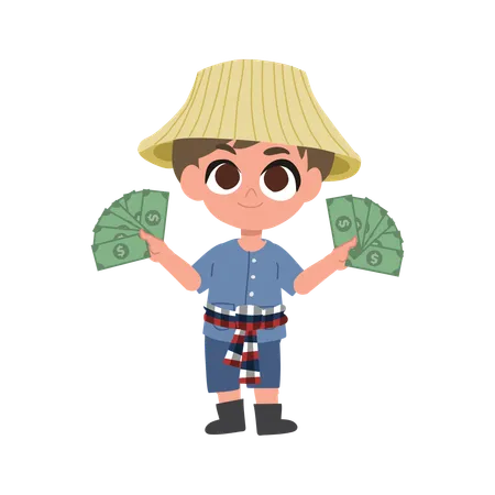 Happy Farmer Holding Cash Fan With Both Hands  Illustration