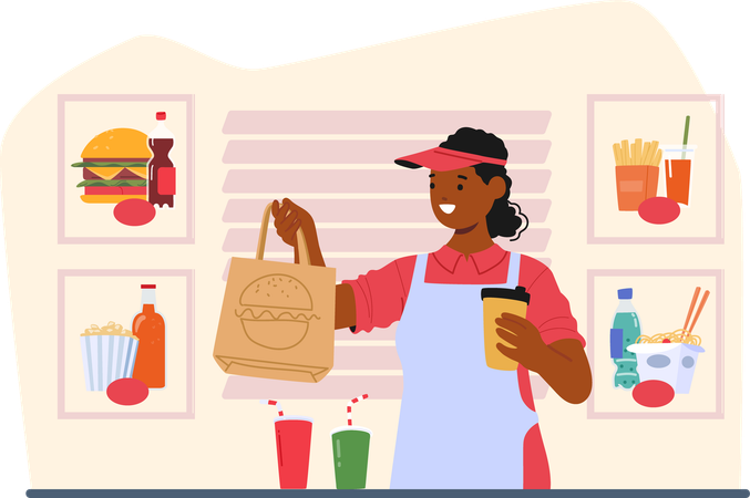 Happy Fast Food Worker Standing Behind Counter  Illustration