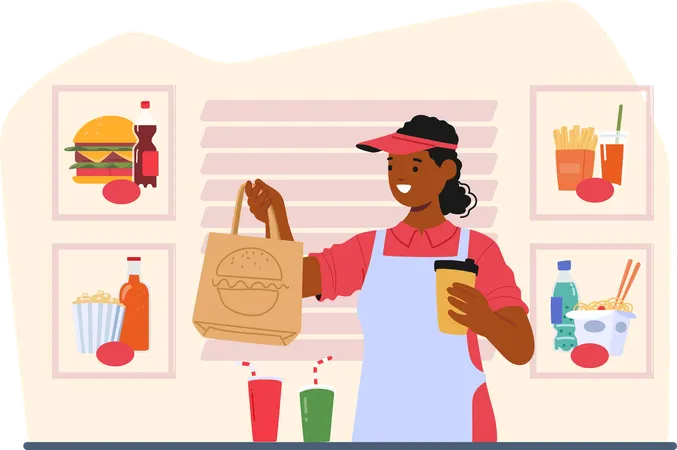 Happy Fast Food Worker Standing Behind Counter  Illustration