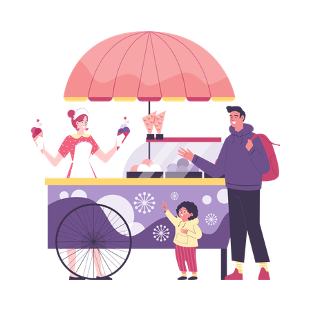 Happy father and child in glasses buying ice cream in street cart  Illustration