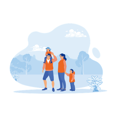 Happy Father And Mother Walking With Their Two Children In Park  Illustration