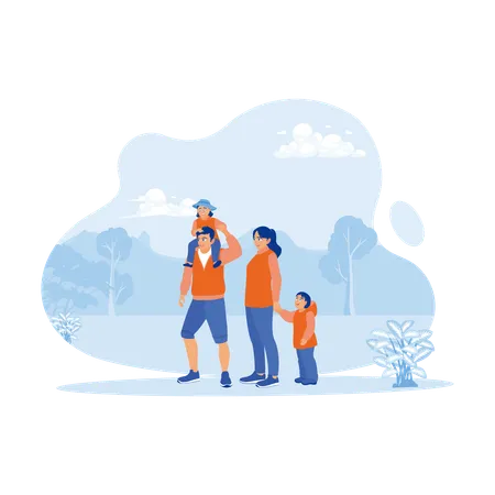 Happy Father And Mother Walking With Their Two Children In Park  Illustration