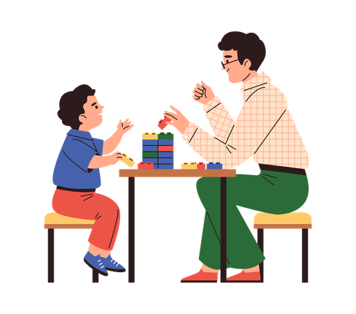 Happy father and son play with lego construction blocks with bricks  Illustration