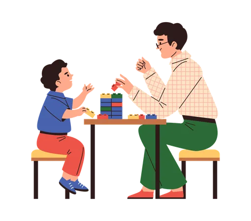 Happy father and son play with lego construction blocks with bricks  Illustration