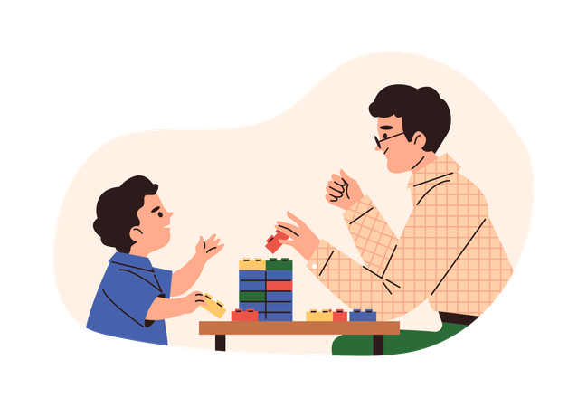 Happy father and son play with lego construction blocks  Illustration