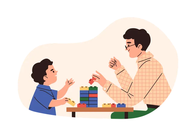 Happy father and son play with lego construction blocks  Illustration