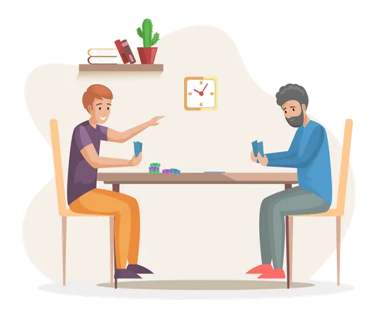 Happy Family Father And Son Or Friends Sitting At Table And Playing Strategy Logical Board Card Game Spending Time Together At Home Family Fun Activity Indoor Entertainment For Adults And Children Illustration