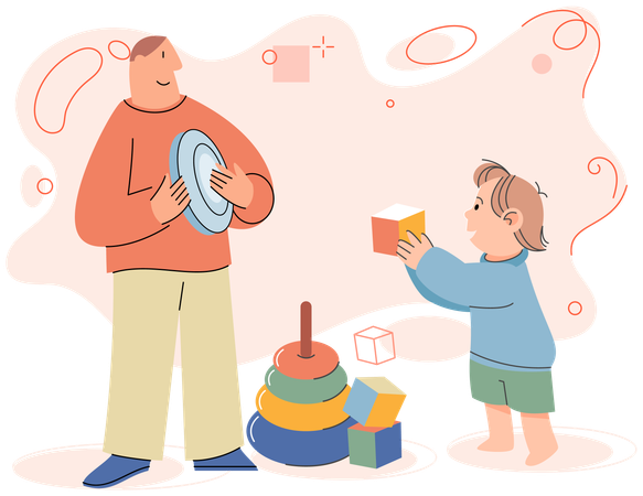 Happy father and son playing with toys together  Illustration