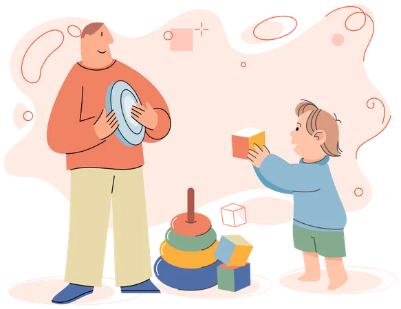 Happy father and son playing with toys together  Illustration