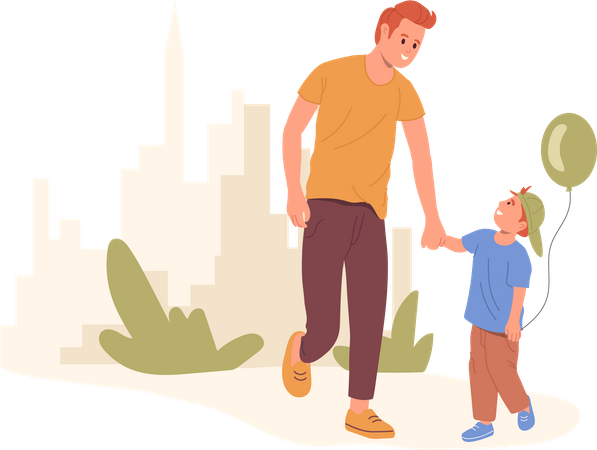 Happy father and son walking together in city park spending fun time together outside  Illustration