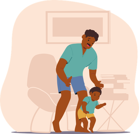 Happy father helping loving toddler son kid to walk safety at home  Illustration