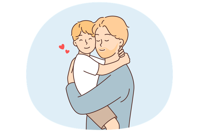 Happy father holds and hugs little son after long separation or returning from vacation  Illustration