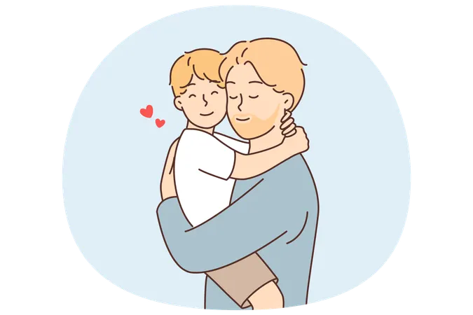 Happy father holds and hugs little son after long separation or returning from vacation  Illustration