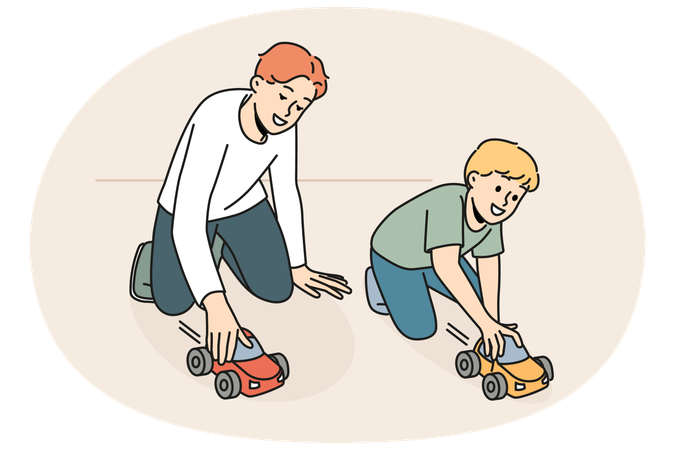 Happy father play cars with small son  Illustration